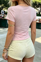 Casual Floral Lace Tie Short Sleeve Blouse