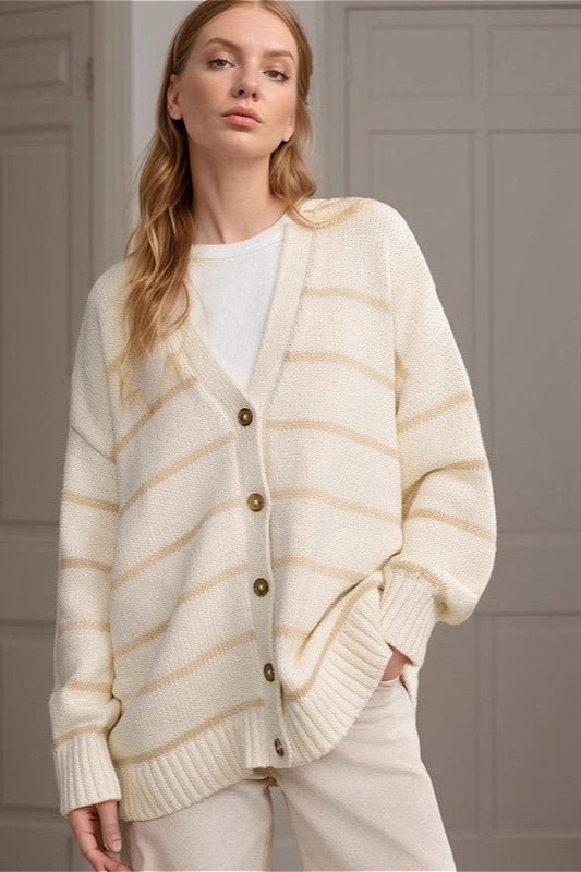 Striped Cotton V Neck Knit Cardigan