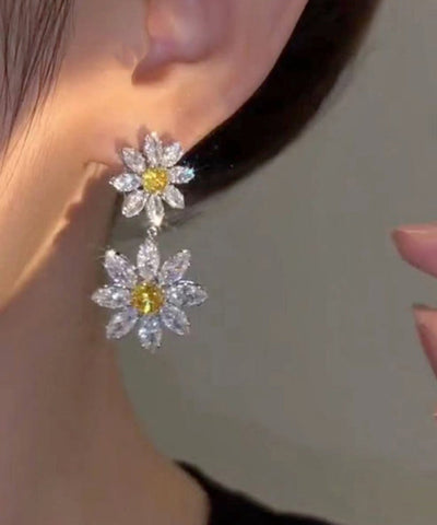 Pendientes colgantes florales de circonita y cristal de aleación blanca para mujer 
