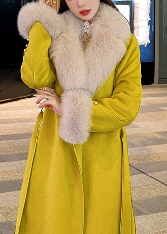 Abrigo francés de cachemira gruesa con cuello de piel morada y lazo en la cintura, manga larga 