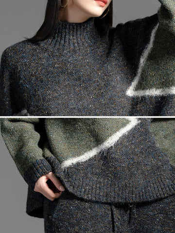 Casual Long Sleeves Loose Contrast Color Jacquard High-Neck Sweater Tops