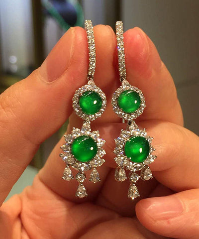 Damen Sterling Silber Ohrringe mit eingelegtem Zirkonia und Jade-Quaste 