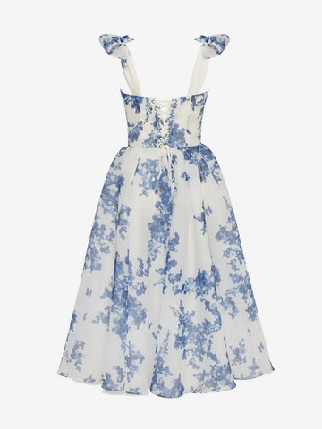 Vestido midi elegante de fiesta con tirantes finos y estampado floral en color azul cielo claro con corsé y corte en A 