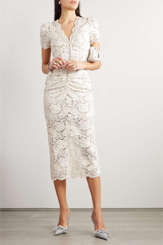 Vestido midi fruncido de encaje con diamantes de imitación 