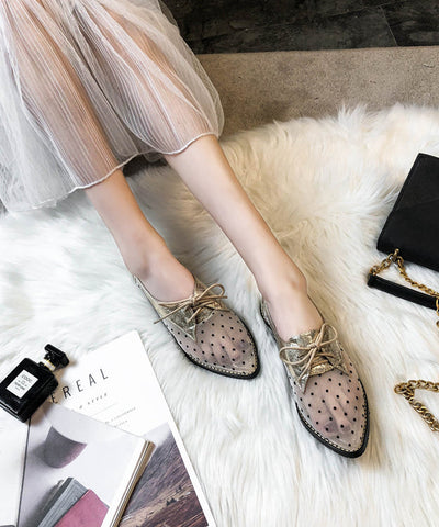 Damen Apricot Splicing Flats Schwarzer Tüll Schnürschuh Spitzschuh 