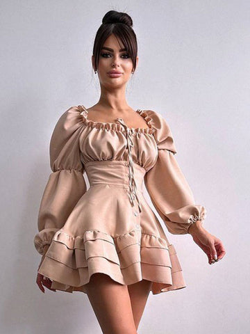 Minikleider Schwarzes Langarm-Plissee-Polyester-Kurzkleid für Damen 