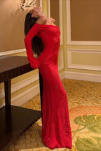 Off Shoulder Lace Flare Sleeve Fitted Train Elegant Maxi Dress