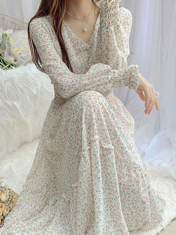 Classic Floral Ruffle Chiffon Dress-Pink