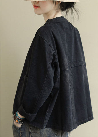Boho Schwarzer lässiger Jeansmantel mit Knopfstickerei 