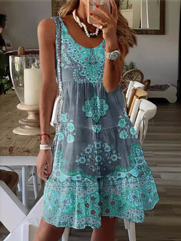 Vestido mini bohemio sin mangas con estampado floral y escote redondo 