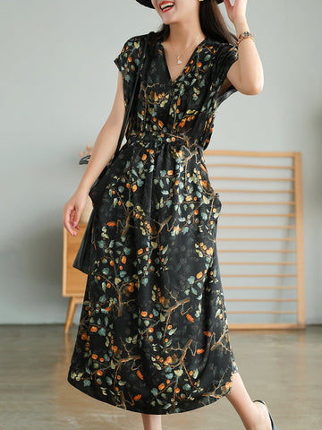 Women Vintage Floral Drawstring V-Neck Loose Dress