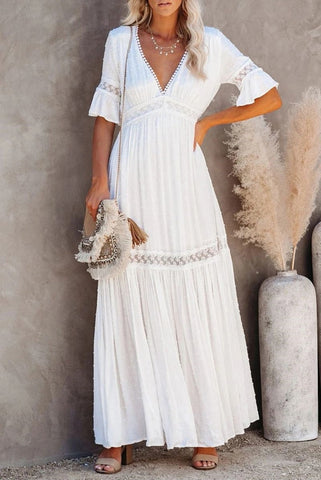 Lässiges Midikleid mit V-Ausschnitt und Blumenmuster und kurzen Ärmeln 