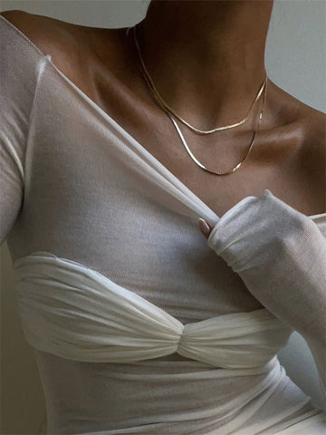 Camiseta de malla transparente con hombros descubiertos para mujer, nueva camiseta de manga larga con encaje transparente, top de punto, camiseta de malla de verano 