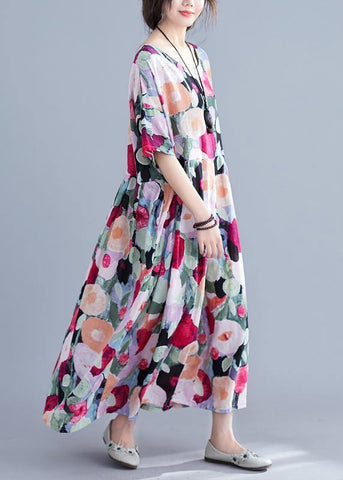 Bohemian floral Long dress half sleeve Cinched Maxi summer Dresses