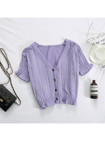 T-shirts Women V-Neck Button Up Tees Short Sleeve Casual T-shirts Knitted Cadigans Crop Tops For Women 2024 Summer Tee