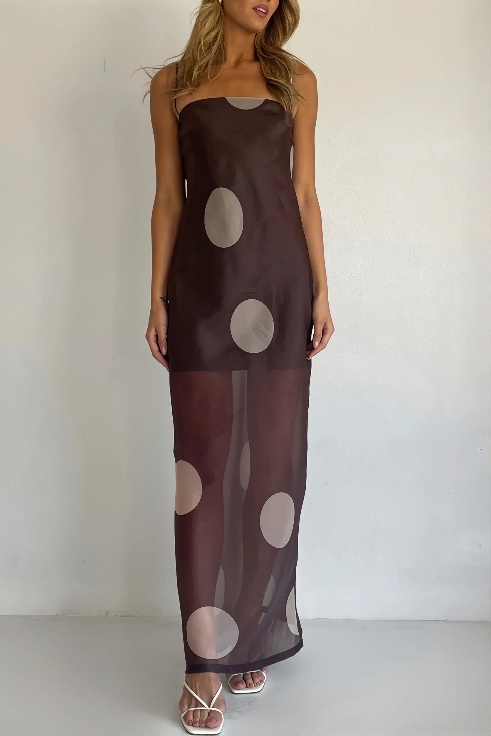 Elegant Polka Dot Strapless Sheer Slim Maxi Dress
