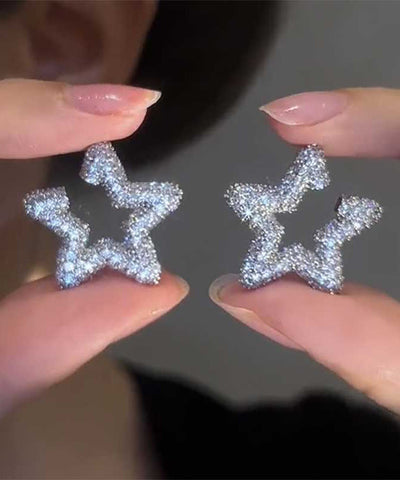 Art Silk Sterling Silver Zircon Star Stud Earrings