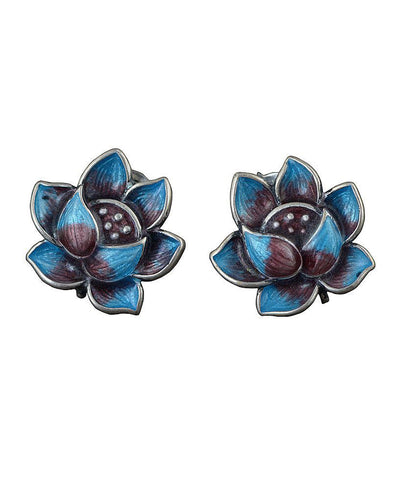 Moderne Ohrstecker aus Sterlingsilber mit Cloisonné-Anhänger „Blue Lotus“ 