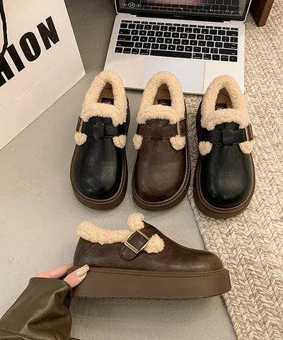 Schwarze Loafer mit Splicing-Plateau und flauschigem Wollfutter 