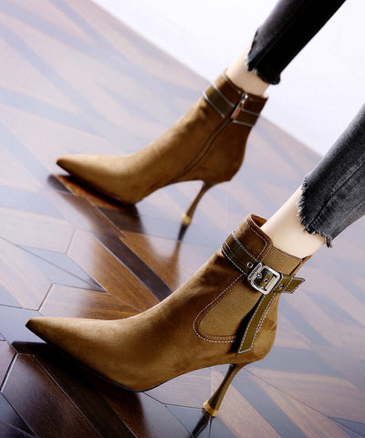 Damen Splicing Stiletto Stiefel Khaki Wildleder Spitzschuh 