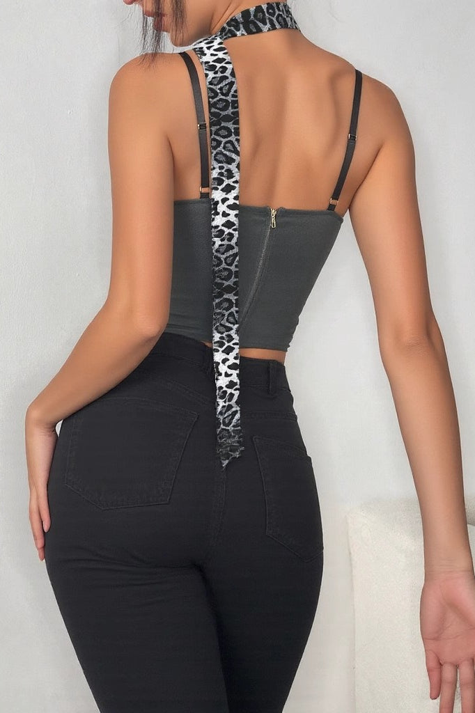 Tie Bustier Leopard Patchwork Color Block Cami Top