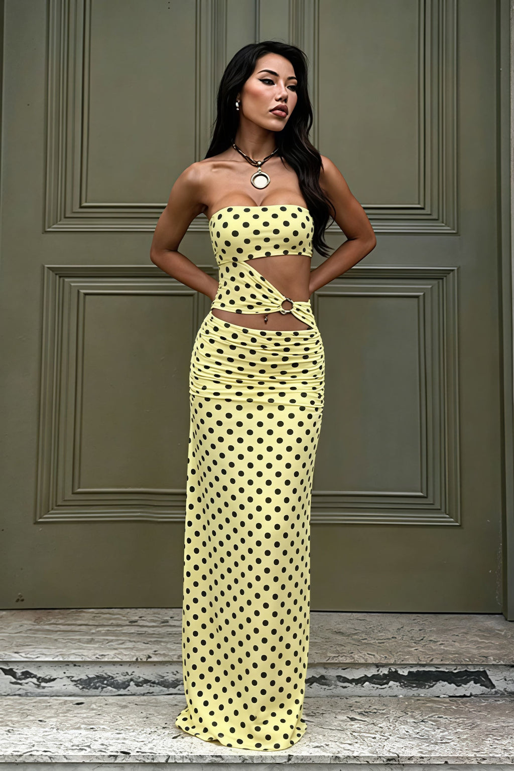 Printed Strapless Cut Out Bodycon Maxi Dress