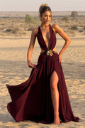 Halter Deep V Tie Backless High Slit Maxi Dress