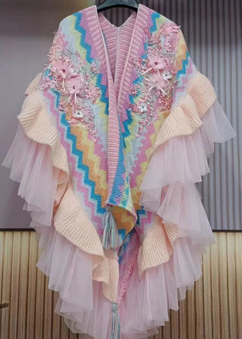 Bio-Rosa V-Ausschnitt gestreifter Tüll Patchwork Nagelperlen Strickcardigans Herbst 