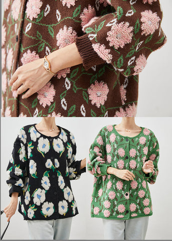 Simple Coffee Oversized Jacquard-Strickjacke mit Blumenmuster für den Winter 