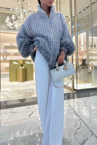 Warme, glänzende Herz-Strickjacke mit Pailletten, Ballonärmeln, Reißverschluss am Hals und lockerem Schnitt 