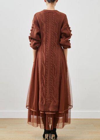 Conjunto de dos piezas de vestido de suéter de punto fino caqui y tul con abertura lateral para invierno 