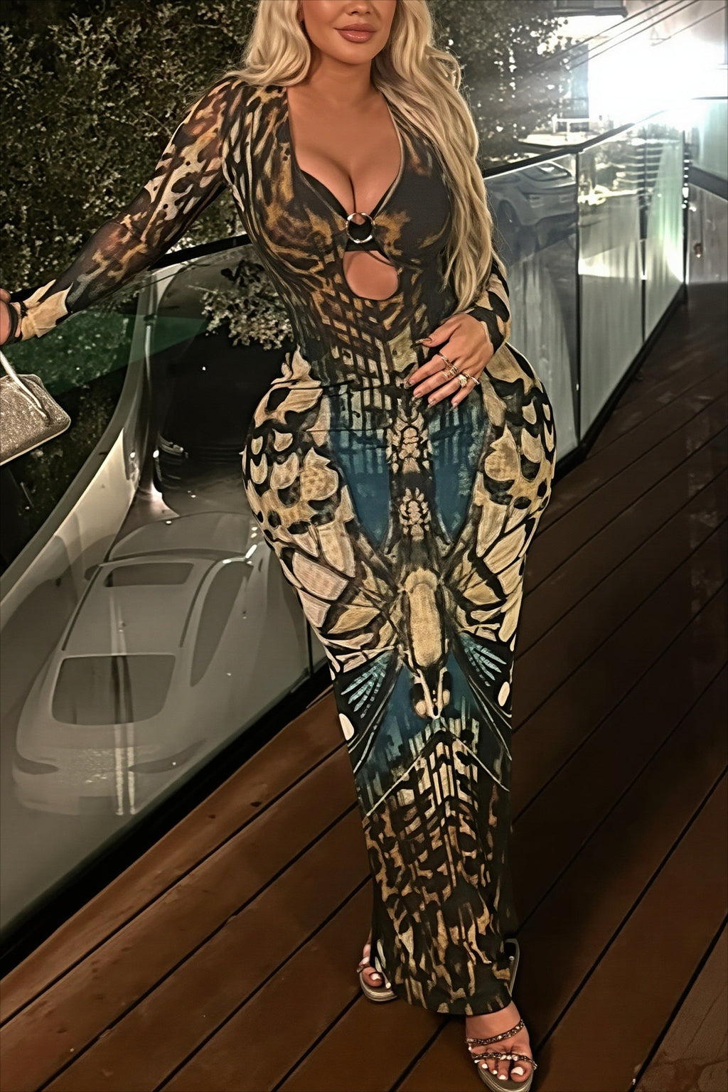 Animal Print Buckle Cutout Slit Maxi Dress