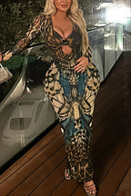 Animal Print Buckle Cutout Slit Maxi Dress
