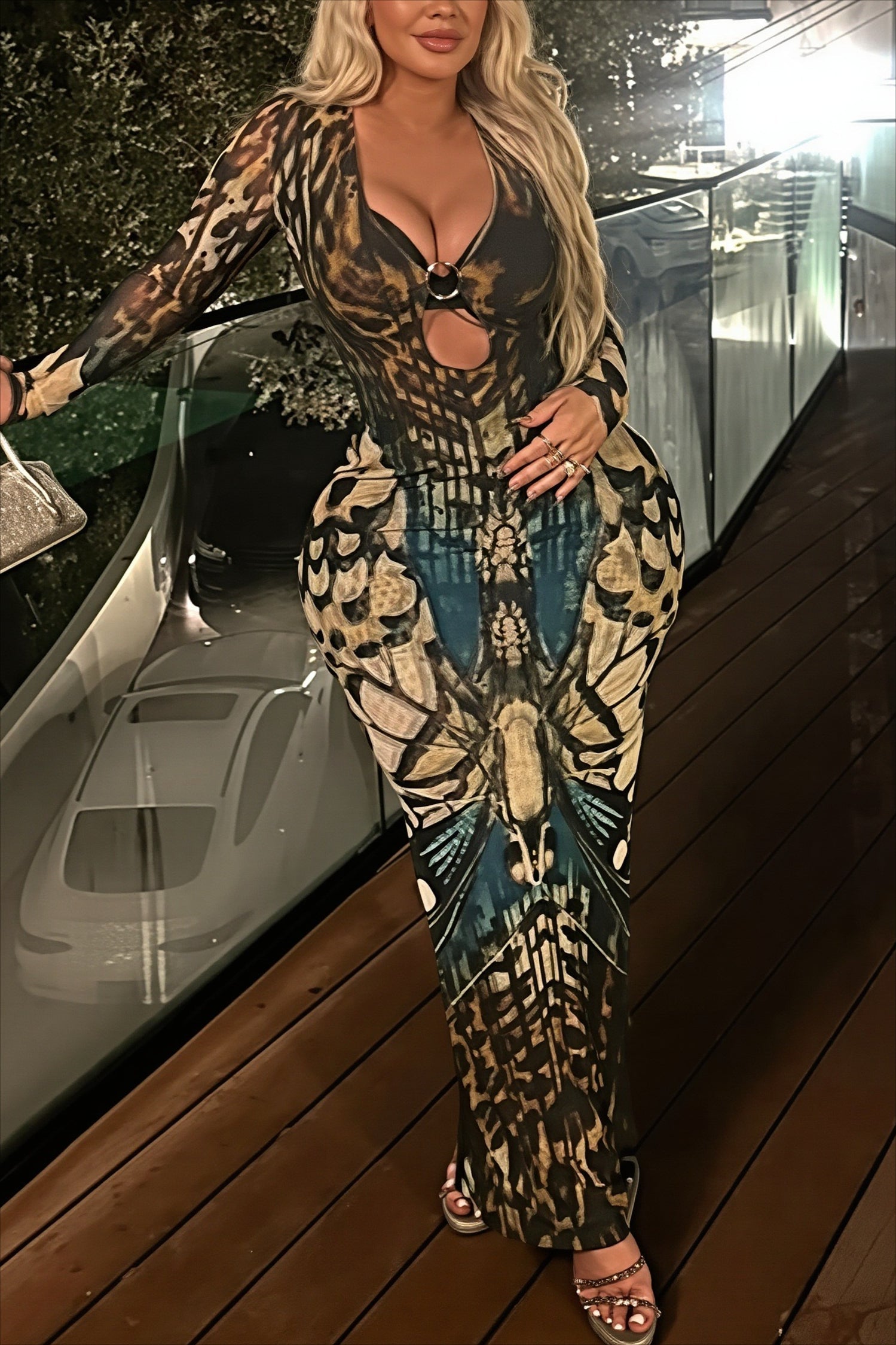 Animal Print Buckle Cutout Slit Maxi Dress