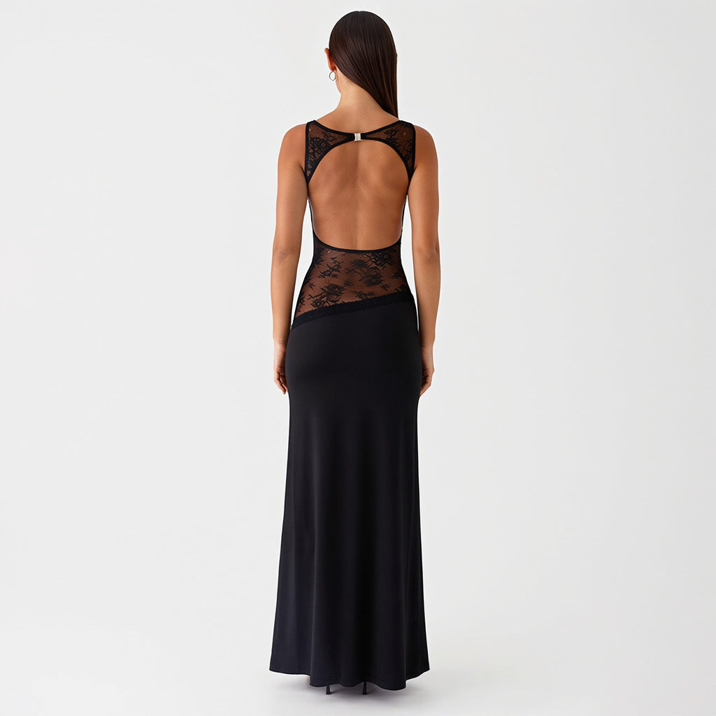 Sexy Lace Satin Backless Maxi Dress