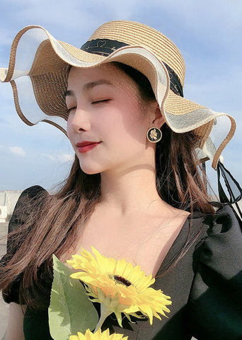Sombrero para el sol flexible tejido de paja con lazo de tul beige elegante 