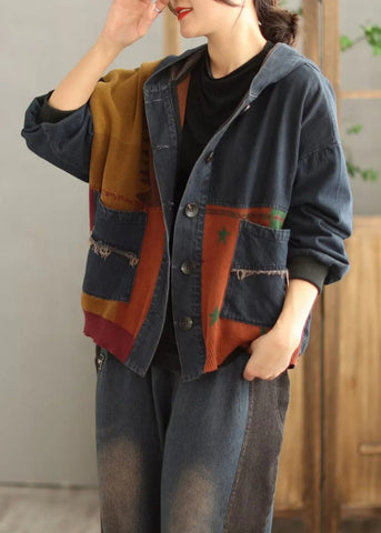 Plus Size Blau Kapuzentaschen Patchwork Denim Mantel Frühling 