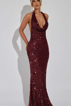 Sequin Cowl Neck Backless Bodycon Maxi Dress