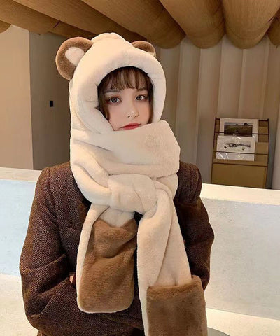 Lindo gorro de invierno nuevo y cálido con bufanda y guantes integrados 
