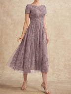 A-Linien-Kleid aus Tüllspitze mit Rundhalsausschnitt und Teelänge für die Mutter der Braut 