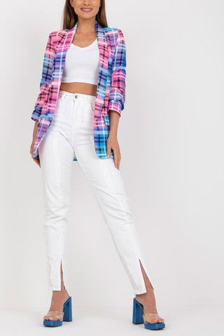 Lässiger Blazer für Damen, Farbe kariert, langärmelig, vorne offen, für die Arbeit im Büro, Anzugjacke mit Tasche 