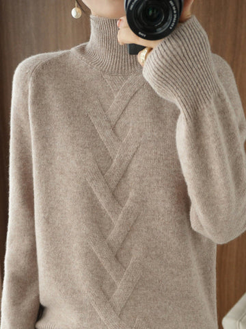 Casual Loose Long Sleeves Solid Color High-Neck Sweater Tops