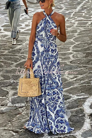 Greek Island Printed Cross Back Halter Flowy Maxi Dress