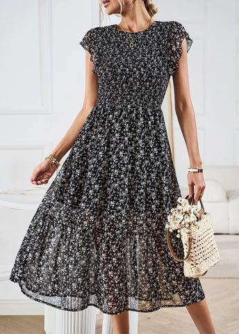Vestido midi plisado elástico con mangas de loto y cuello redondo floral 