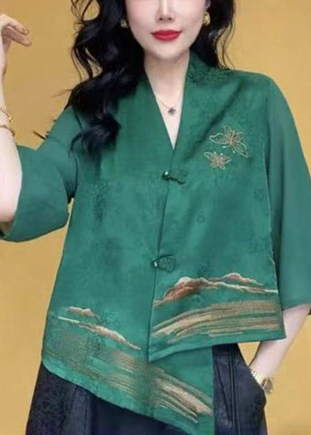 Camisas de seda con botones y cuello en V verde chic con mangas de pulsera 