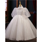 Vestido de niña de las flores para primera comunión, blanco, de princesa, de manga larga y esponjoso. 
