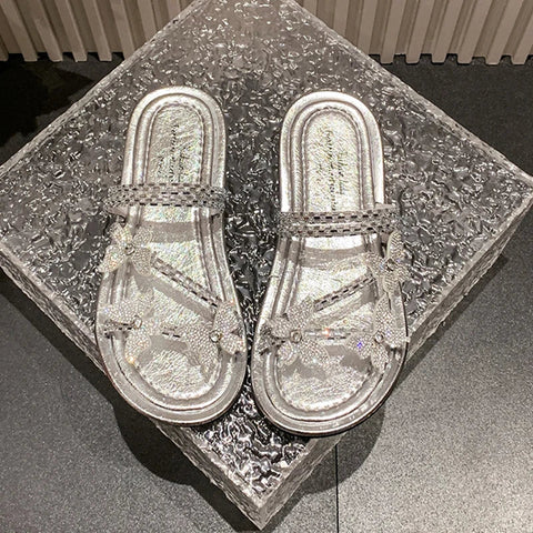 Women Crystal Sandals Bling Flats Slippers 2024 Summer New Shoes Dress Walking Designer Casual Luxury Fashion Walking Slides