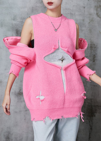 Suéter corto de punto con patchwork rosa y hombros descubiertos con cremallera para invierno 
