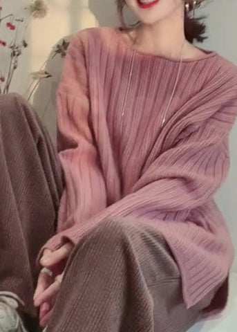 Lässige gemütliche rosa O-Ausschnitt Patchwork gestrickte Tops Frühling 