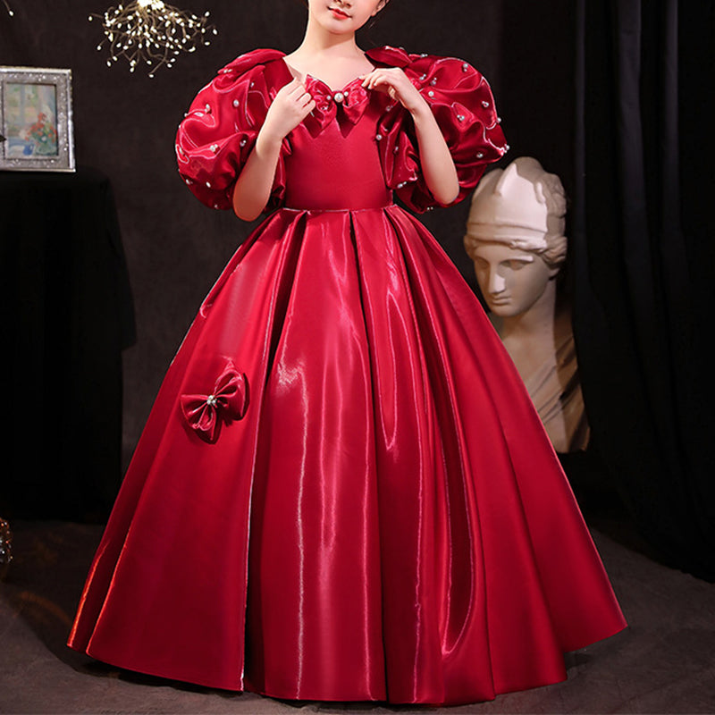 Blumenmädchenkleid, Kinder, Prinzessin, Kommunion, rote Schleife, Perlen, flauschiges Kleid 